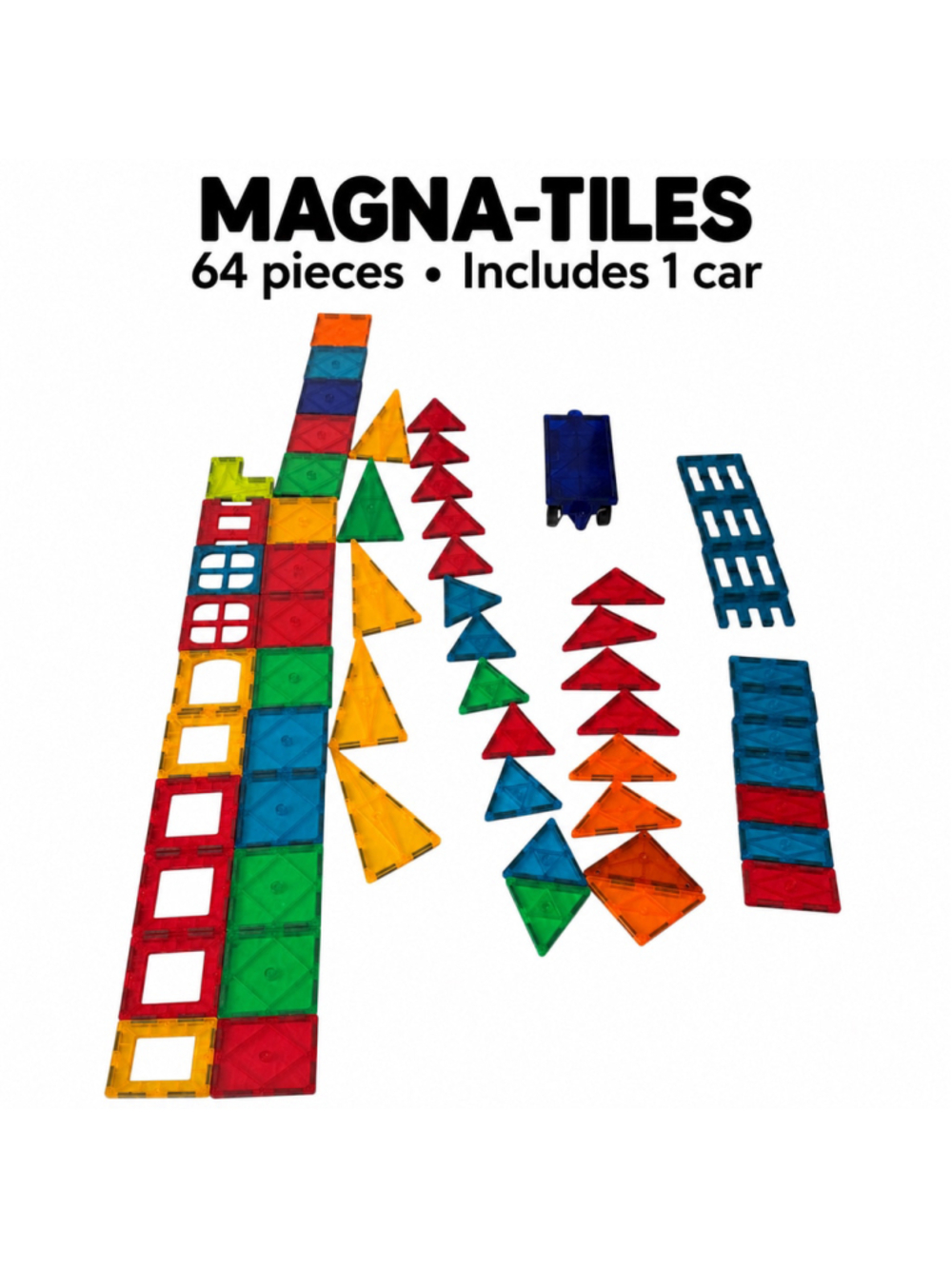 MAGNA-TILES 64 Piece Magnetic Building Tiles Lot with Car Base Multicolor